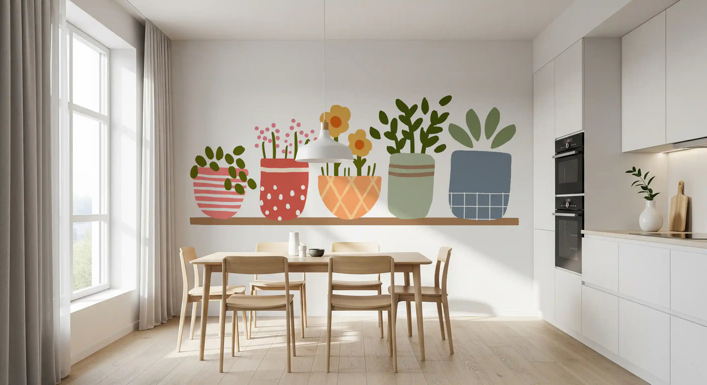 Dining room shot showing yellow and pink stems on the Garden wall mural.