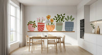 Dining room shot showing yellow and pink stems on the Garden wall mural.