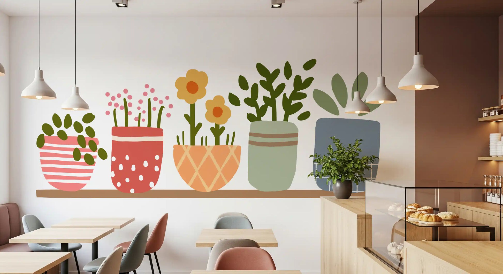 Café and restaurant lit up by painted pots and small daisies on this wall mural.