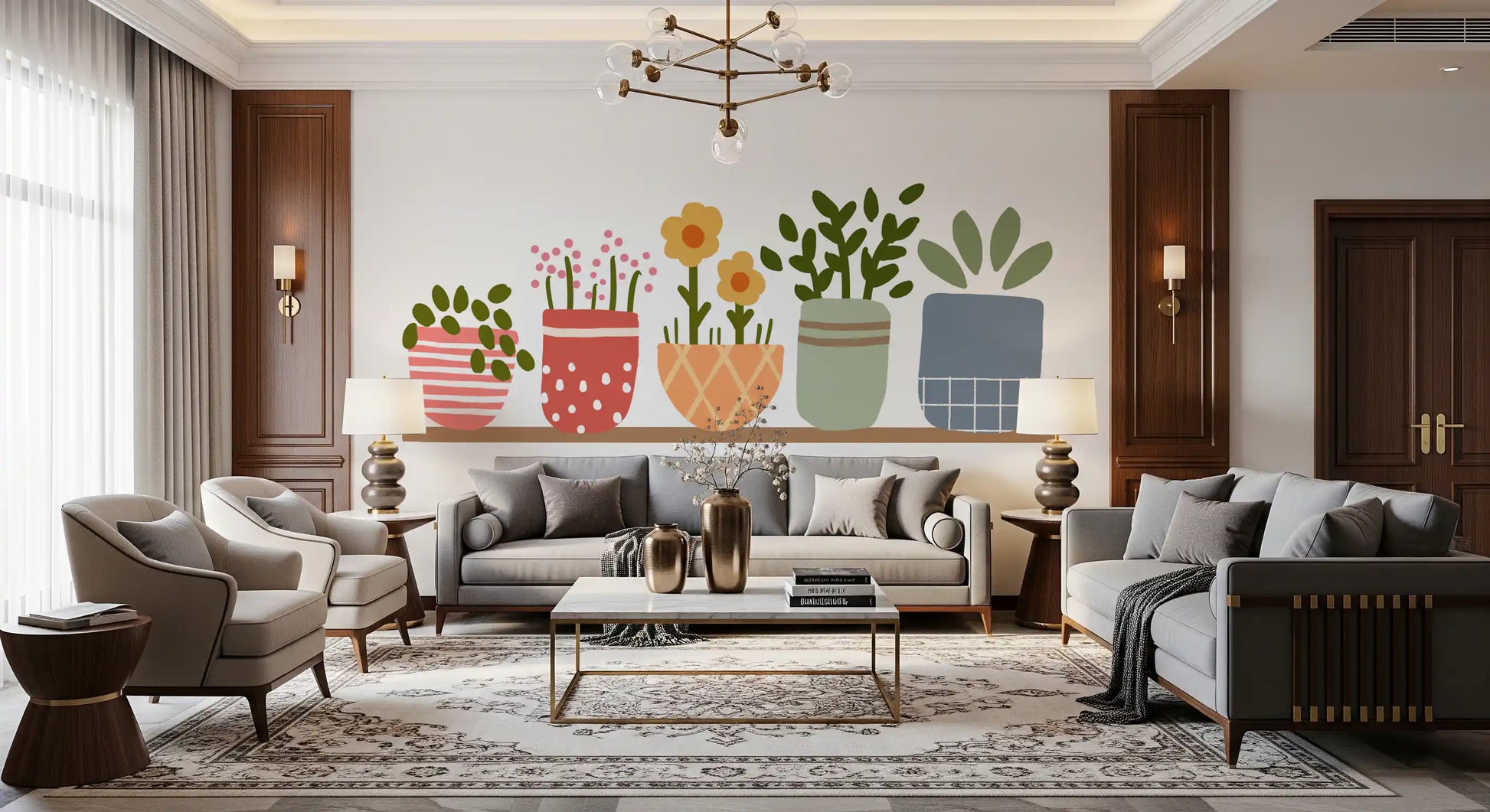 A lineup of colorful pots and stems fills this Garden Shelves wall mural with flair.