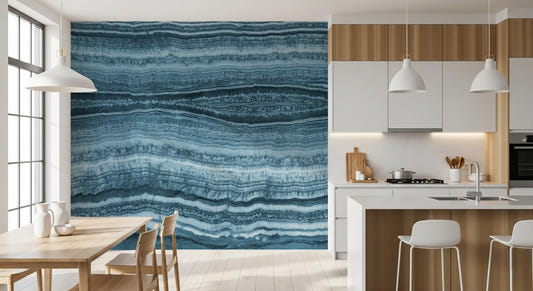Kitchen-dining area lined with the Deep Azure Strata wall mural 