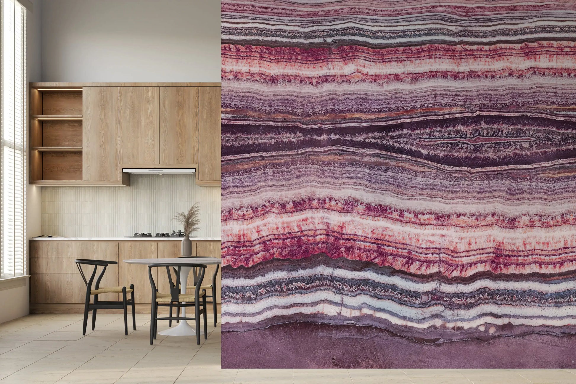 Stacked crimson, amethyst and plum form the banded Strata wall mural.