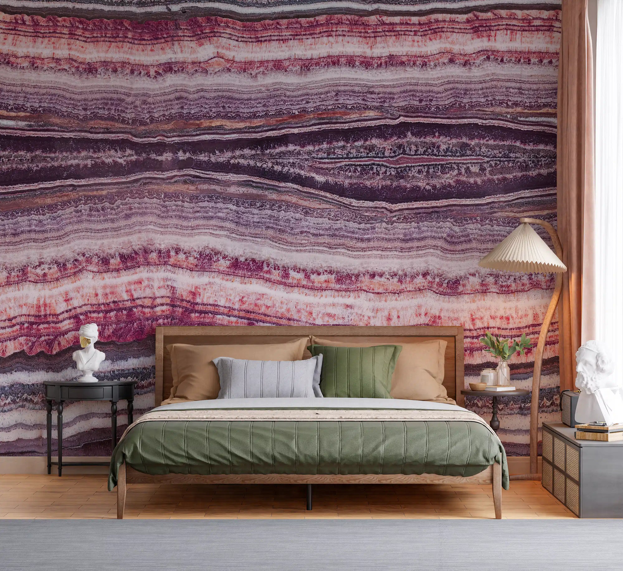 Crimson & Amethyst Strata wall mural keeps a restful tone in this bedroom.