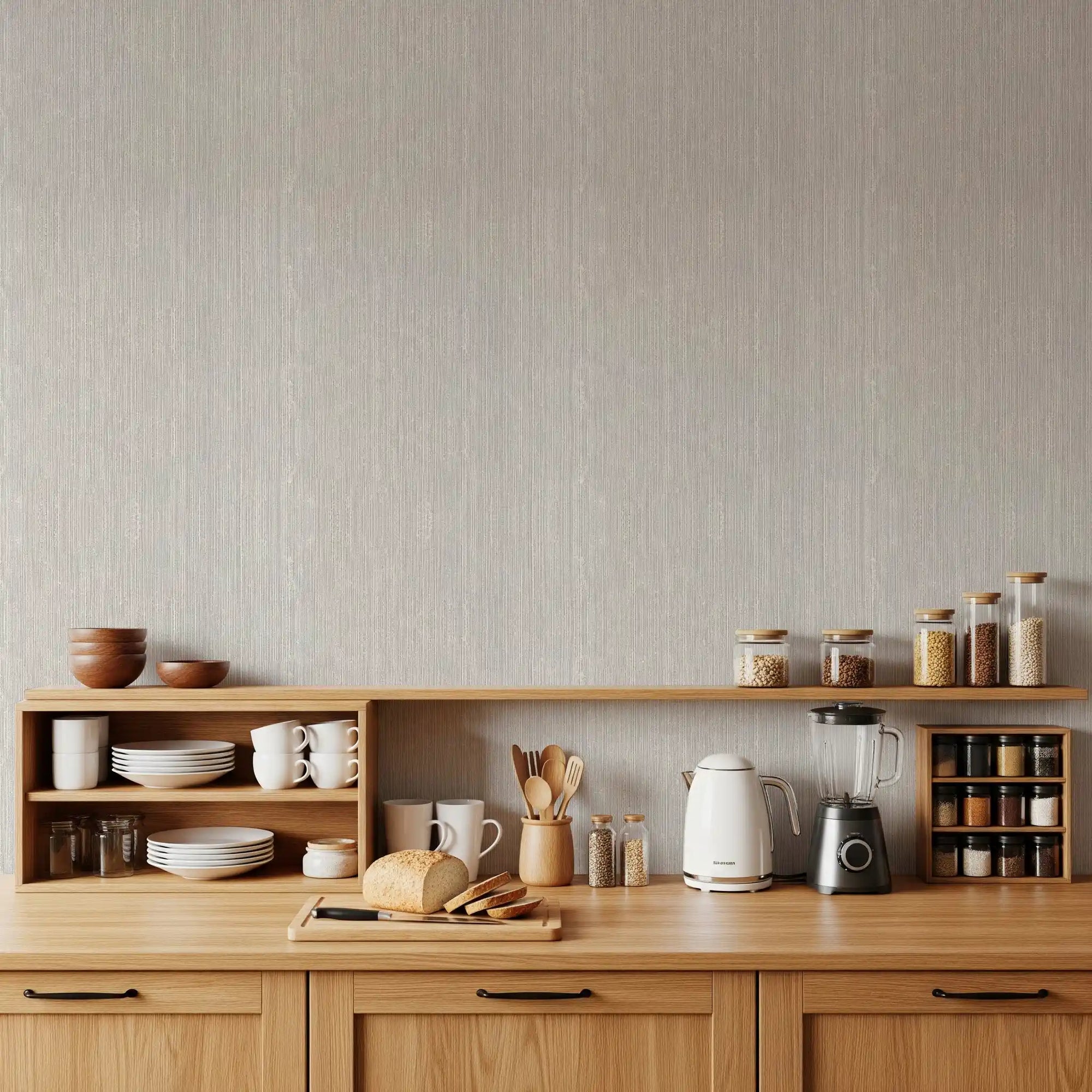 Vertical Linen Serenity Wallpaper finishes a kitchen-dining area in pale cream tones