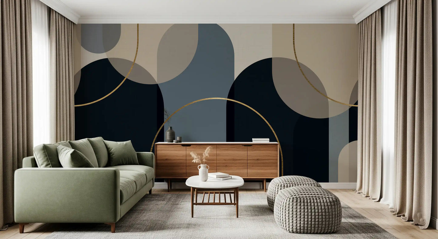 Living room softened by gold line arches across the Abstract Arches wall mural