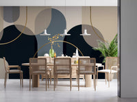 Thin gold curves loop through stacked arches in the Midnight Gold wall mural