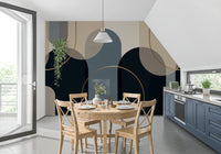 Dining area styled an Abstract Arches wall mural in navy and beige tone
