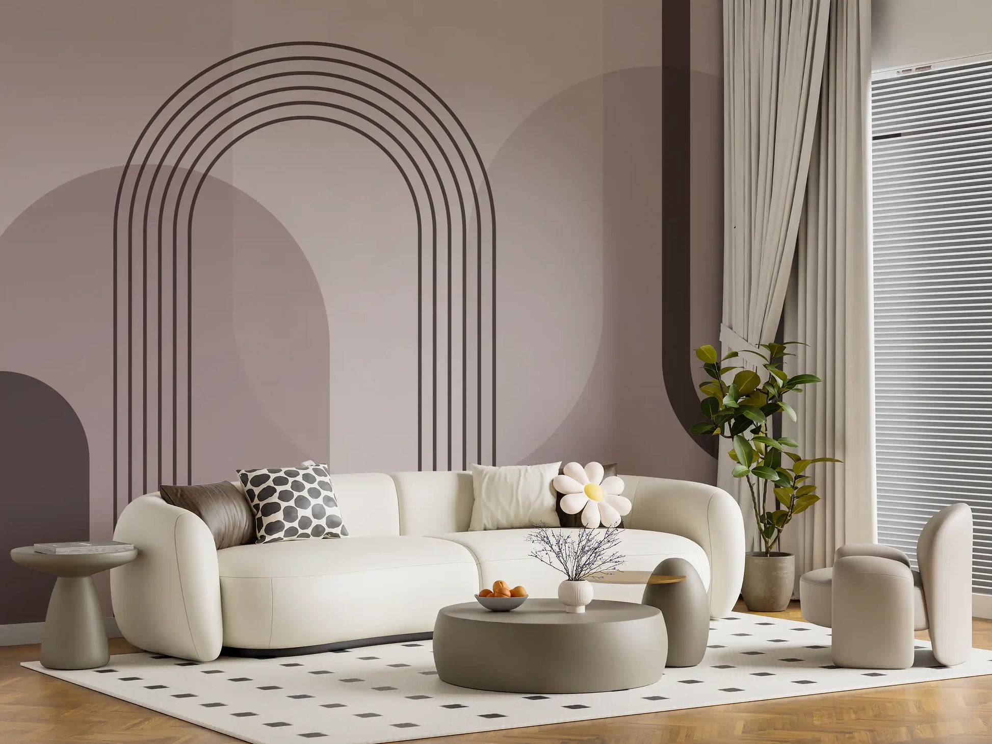 Overlapping circles and U-curves give the wall mural a layered, mid-century feel