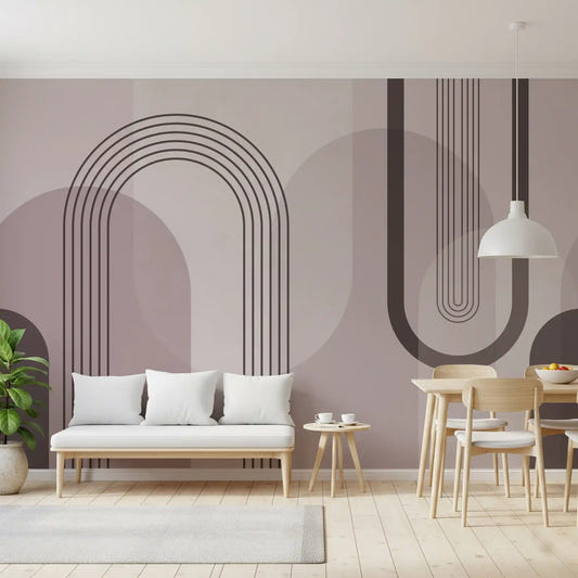 Dining room styled with the Geometric Harmony Mauve arch wall mural 
