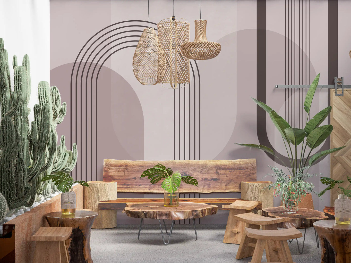 Dinign area dressed with the mauve arch and circle wall mural for a graphic backdrop
