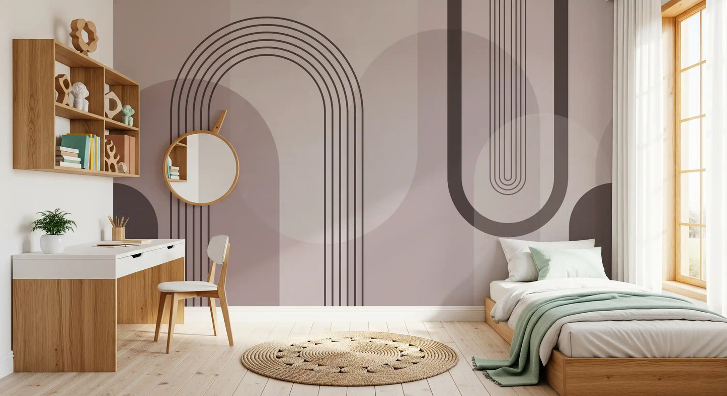 Mauve arches and circles on the wall mural set the tone of a calm bedroom layout