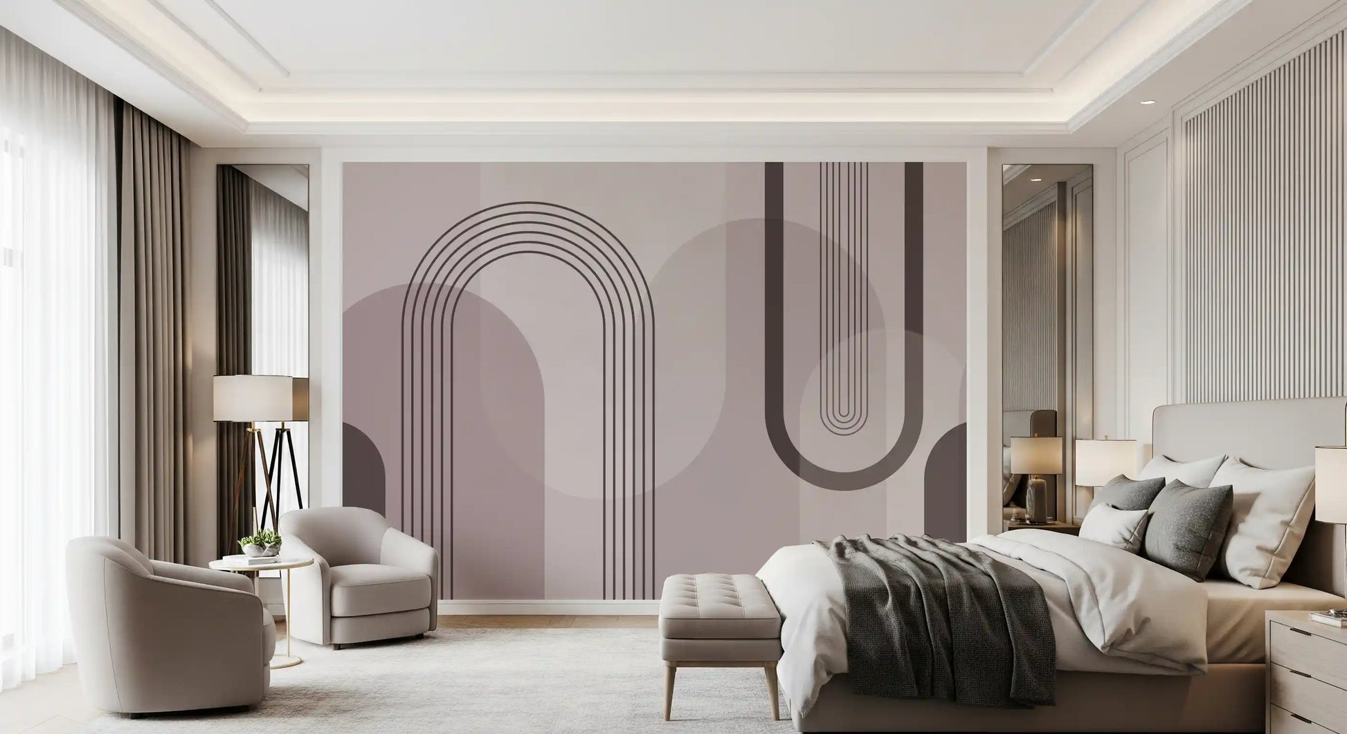Charcoal arch lines stack over mauve fields in the Geometric Harmony wall mural