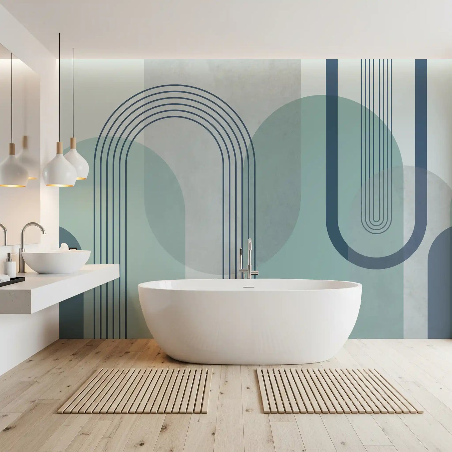 Layered half-circles overlap a concrete-textured Modernist Blue wall mural