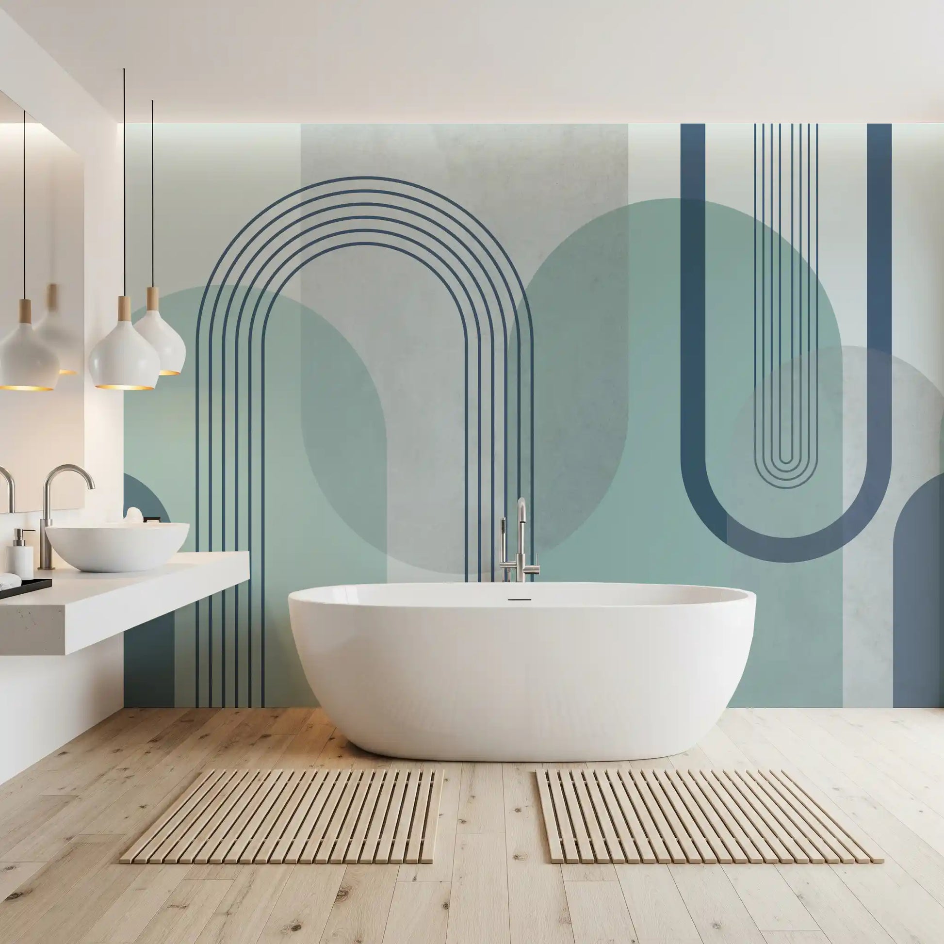 Layered half-circles overlap a concrete-textured Modernist Blue wall mural