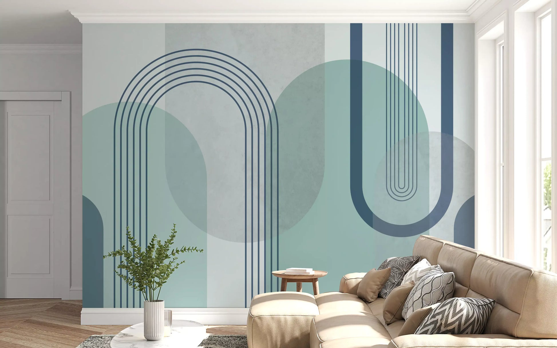 Rounded arch bundles in teal sit across the Modernist Blue Geometry wall mural
