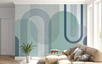 Rounded arch bundles in teal sit across the Modernist Blue Geometry wall mural