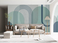 Lounge anchored by curved bundles in the Modernist Blue Geometry wall mural