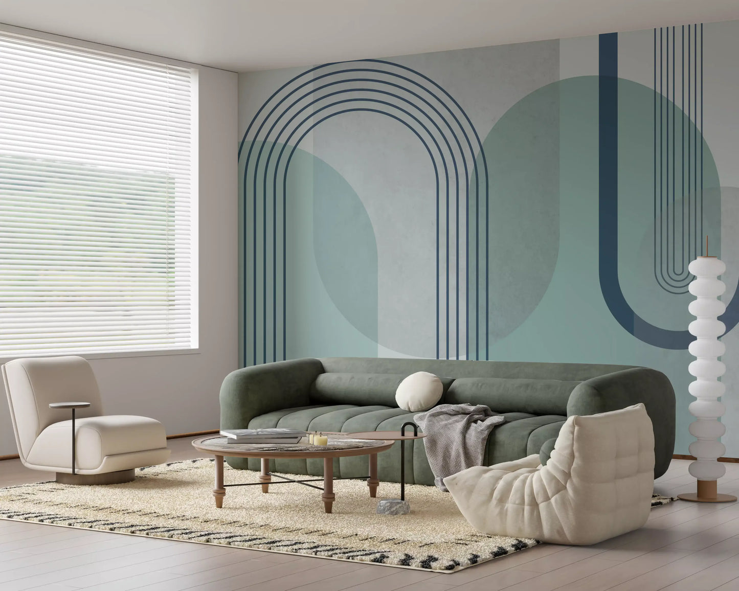 Slim vertical lines group beside curved bands in the Geometry wall mural