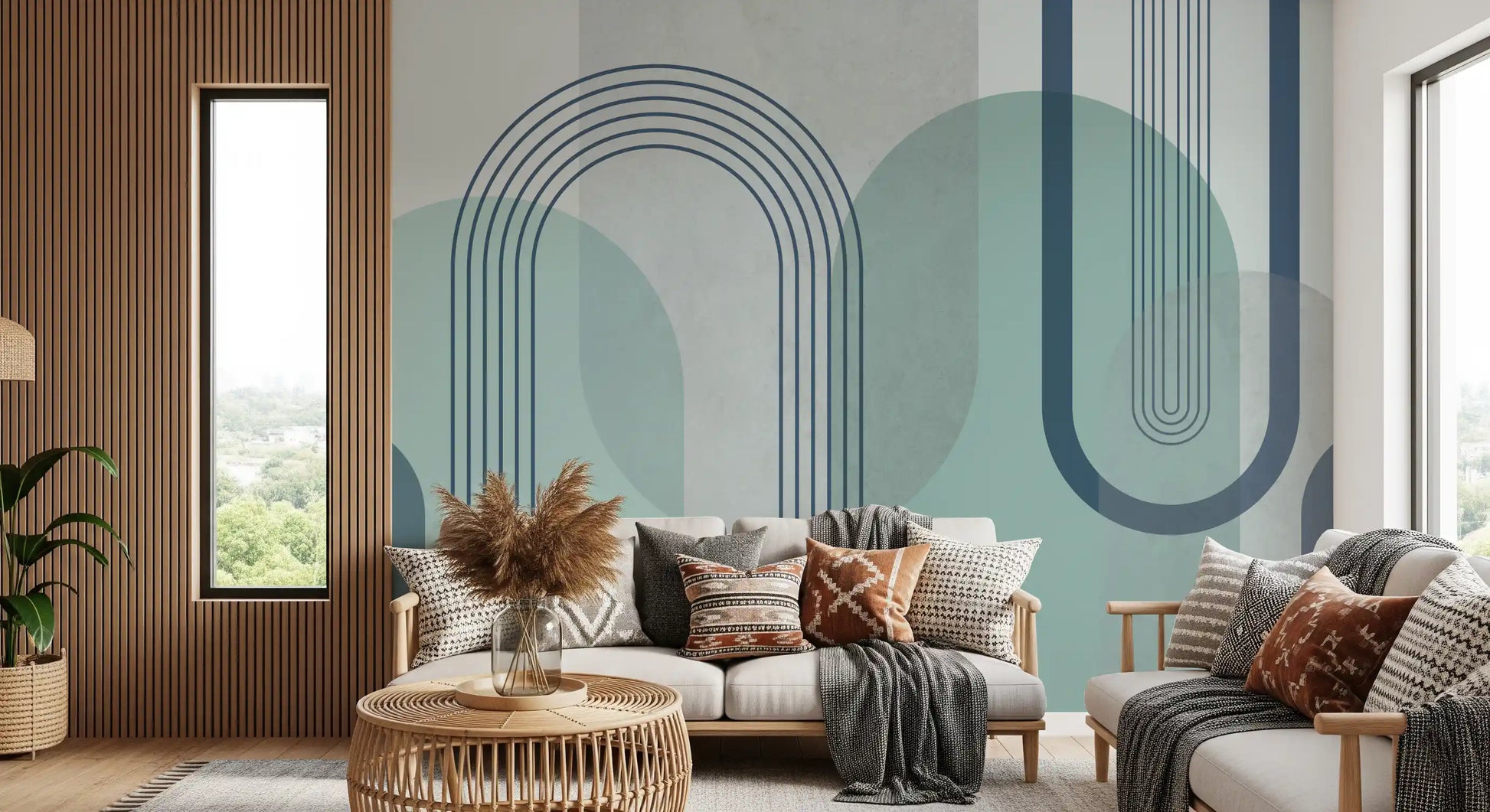 Living room finished with rounded shapes from the Modernist Blue wall mural