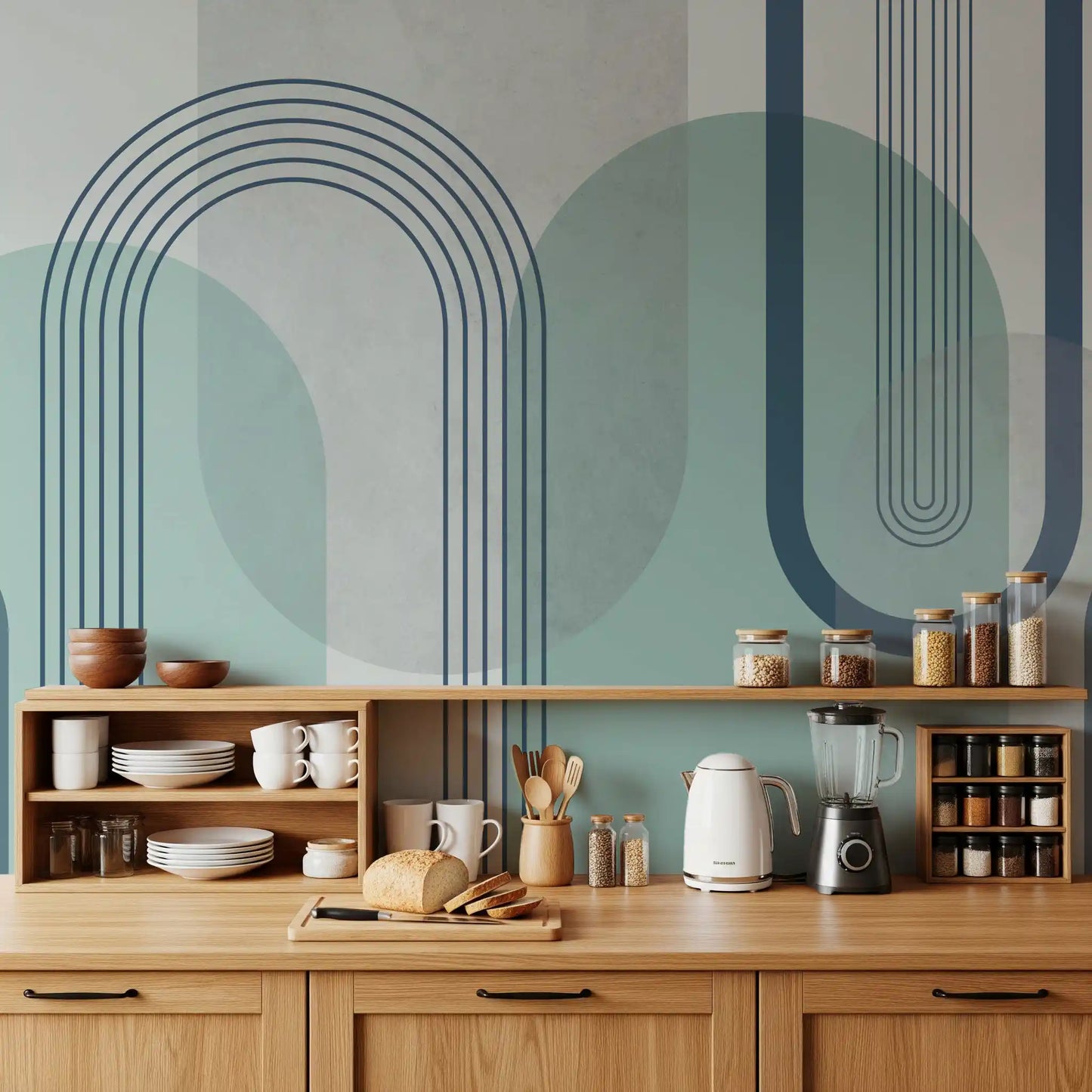 Kitchen area styled around layered shapes from the Geometry wall mural