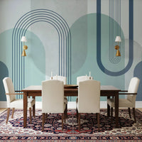 Dining room with arches and sage ovals in the Modernist Blue Geometry wall mural