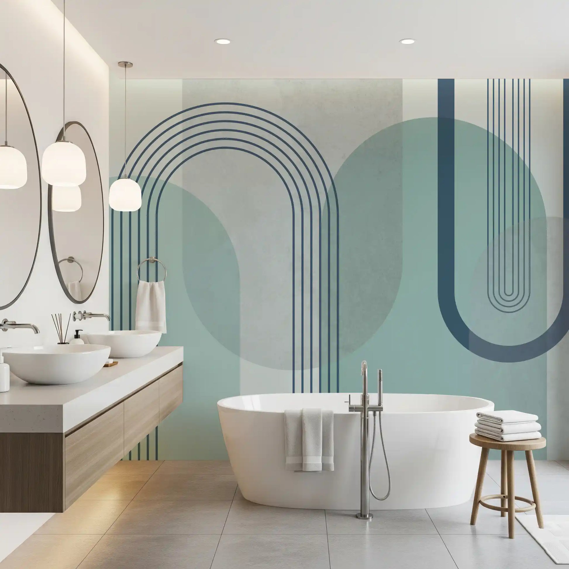 Sage ovals and dusty blue ribs pattern this Geometry arches wall mural