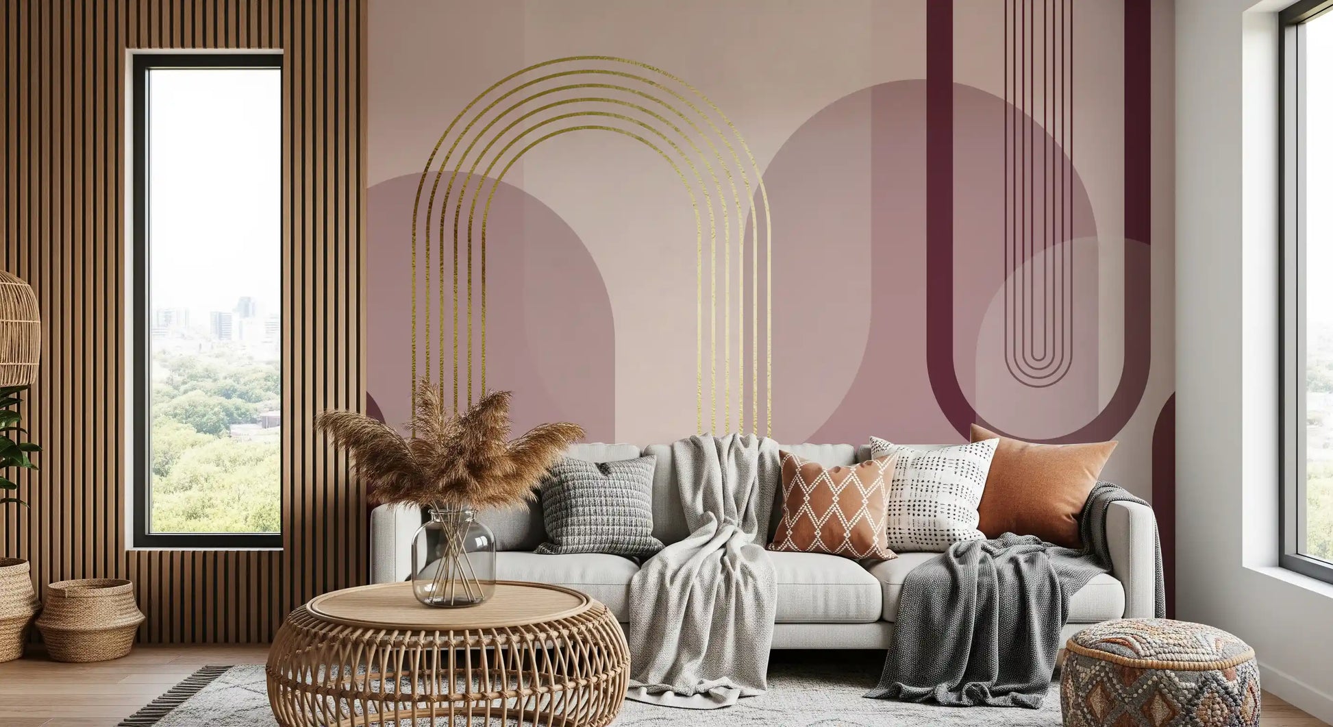 Blush geometric mural with rounded forms, burgundy lines, and gold accents