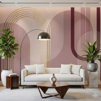 Serenity wall mural featuring mauve arches, cream panels, and gold line art