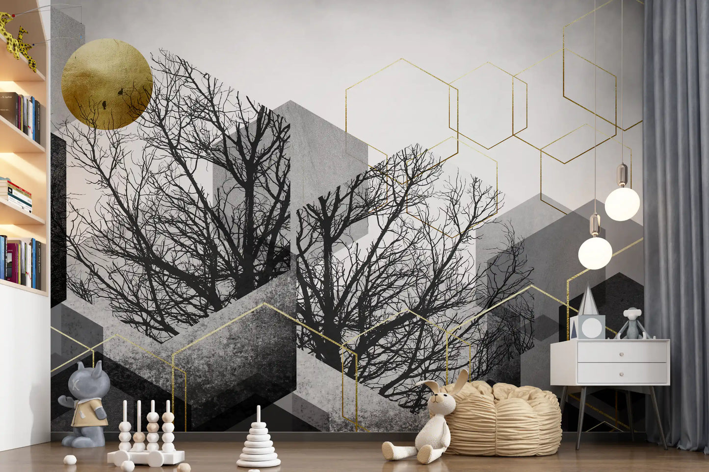 Dining room Urban Forest Silhouette mural featuring metallic hexagons and gray blocks