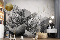 Dining room Urban Forest Silhouette mural featuring metallic hexagons and gray blocks