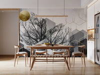 A textured gold circle highlights this Urban Forest Silhouette Wall Mural composition