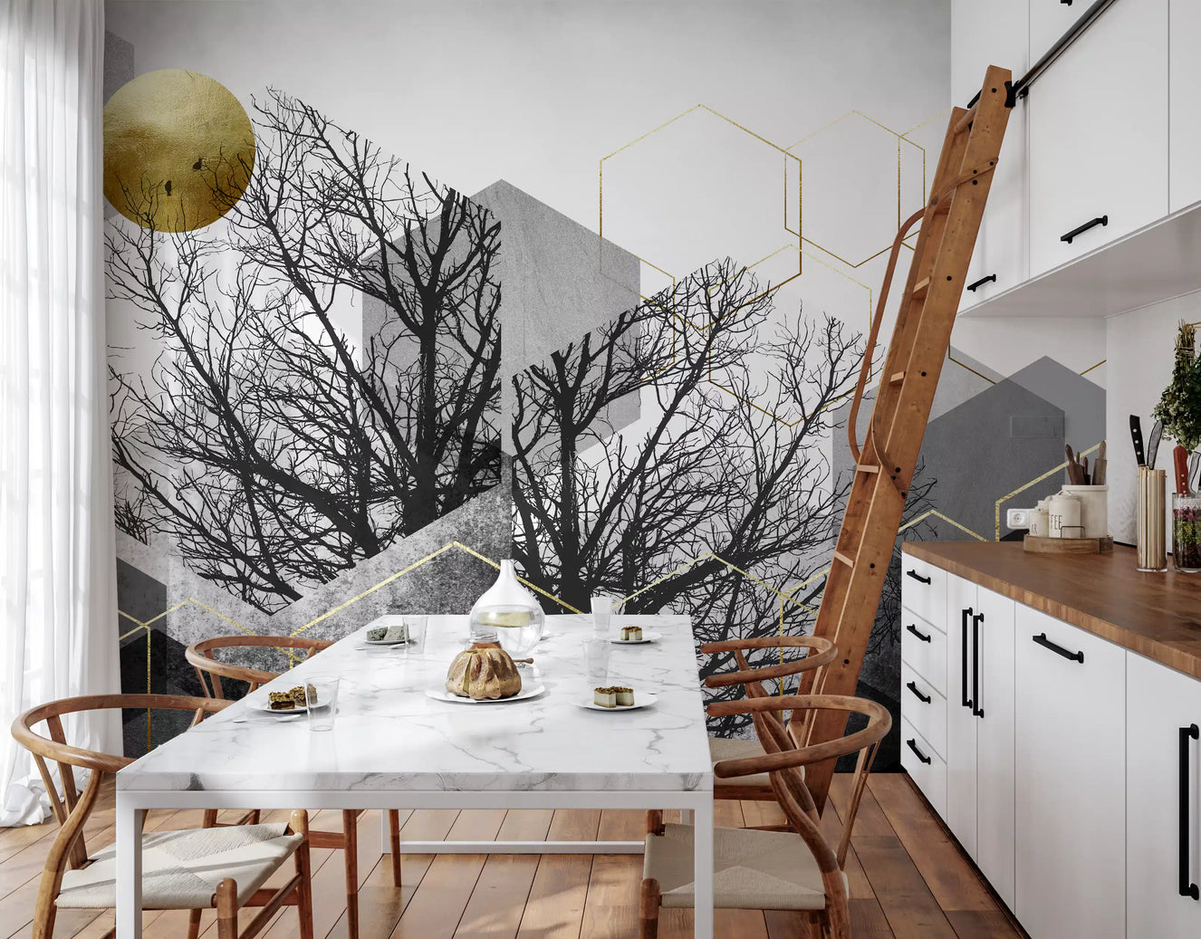 Gilded Geometry: Urban Forest Silhouette Wall Mural