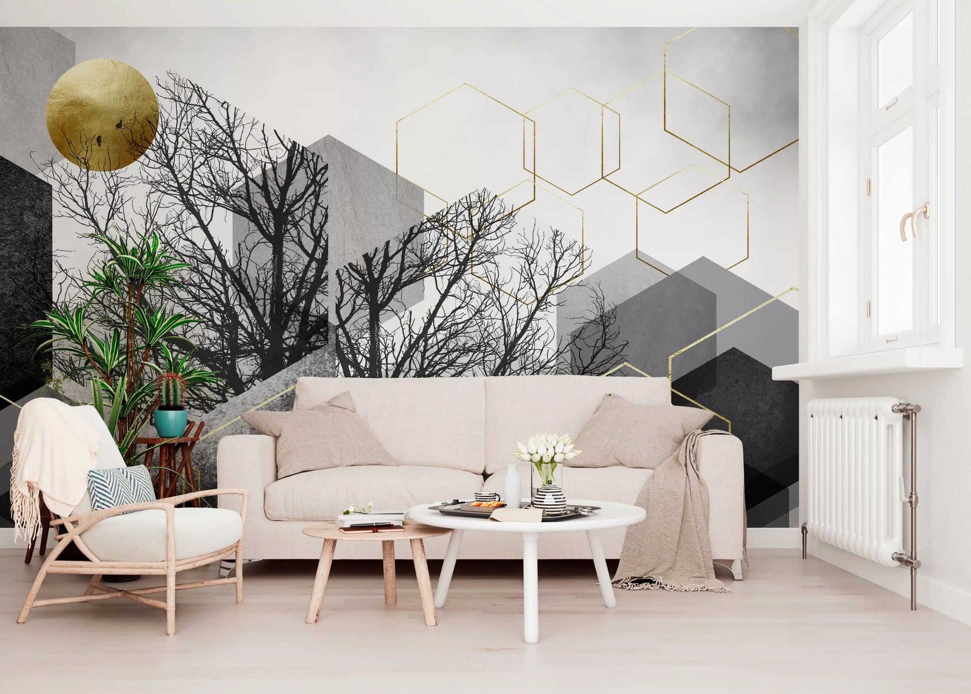 Office room Gilded Geometry Wall Mural with Urban Forest linework and gold disc