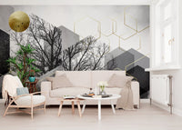Office room Gilded Geometry Wall Mural with Urban Forest linework and gold disc