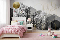 Gilded Geometry wall mural blending Urban Forest silhouettes with layered gold forms