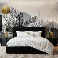 Bedroom Urban Forest Silhouette Wall Mural showing dark branches and gold accents