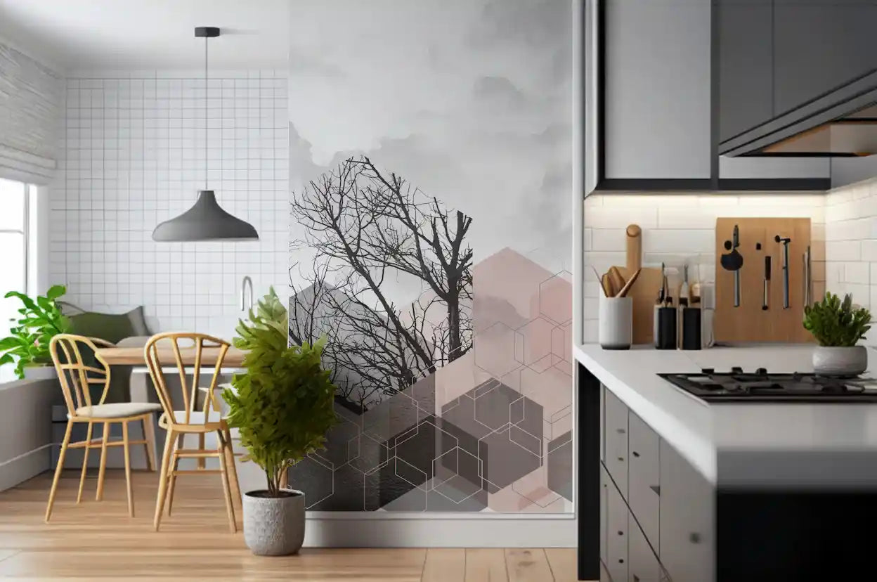 Blush Horizon: Geometric Forest Wall Mural with dark branches and soft pink
