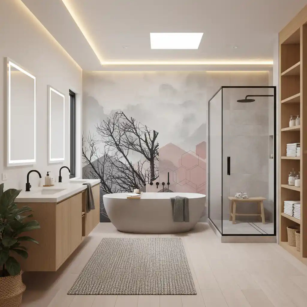 Bathroom Blush Horizon mural with bare trees and soft geometric detail