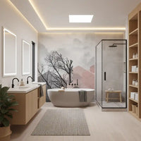 Bathroom Blush Horizon mural with bare trees and soft geometric detail