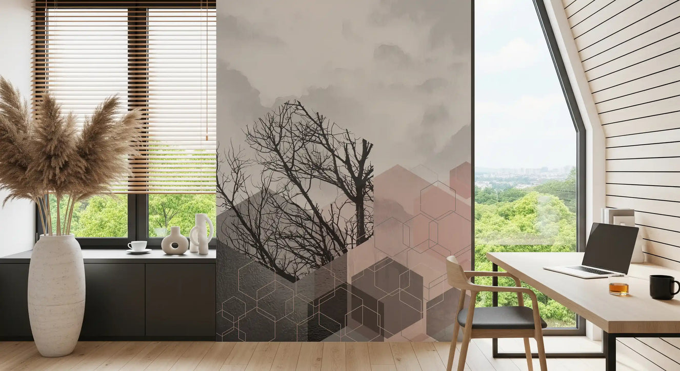 Blush Horizon: Geometric Forest Wall Mural