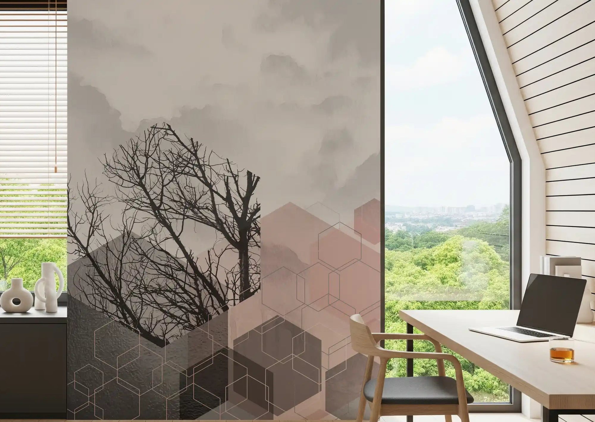 Office area Geometric Forest mural showing Blush Horizon pink cube forms