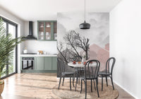 Dining room Blush Geometric mural with tree silhouettes and cube outlines