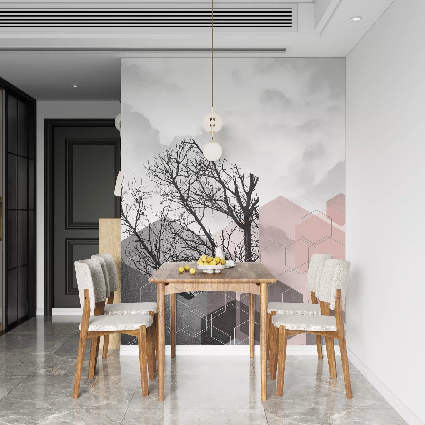 Blush Horizon mural with gray mist texture and clean abstract geometry