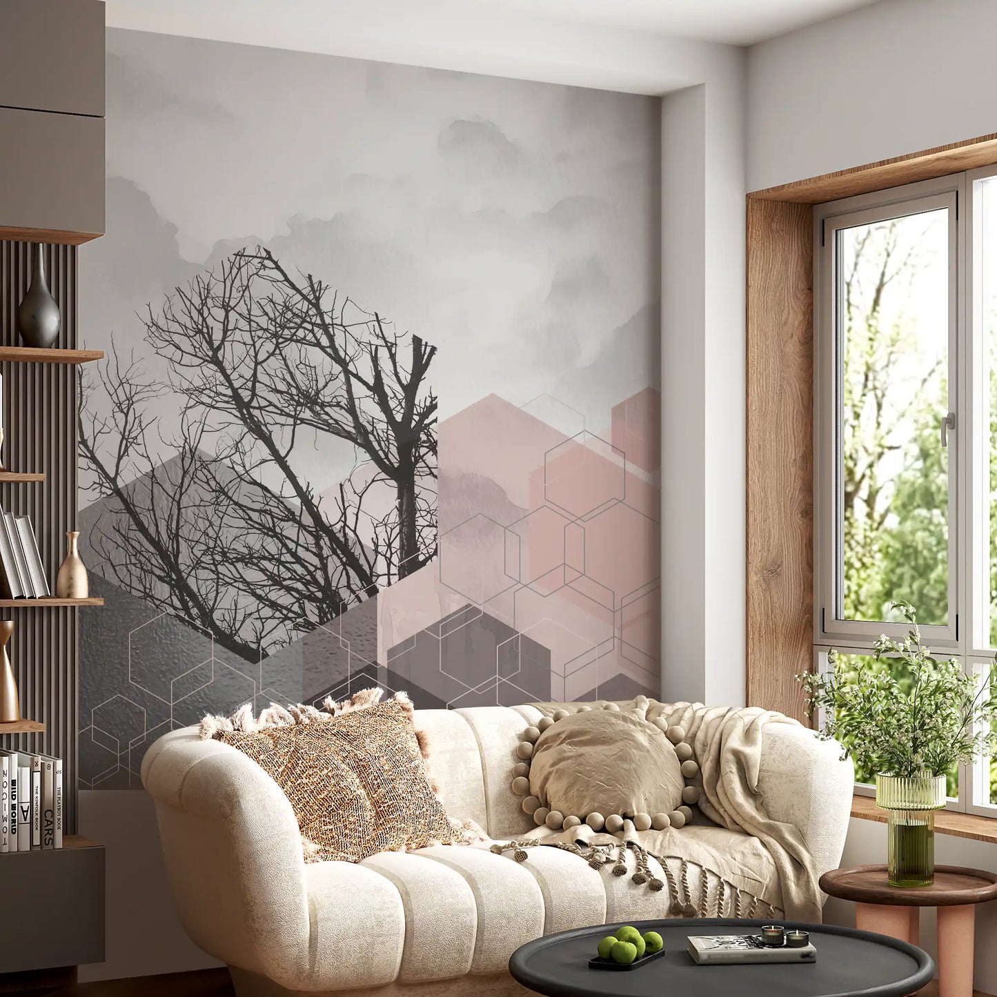 Geometric Forest Wall Mural showing bare tree lines and pale blush shapes