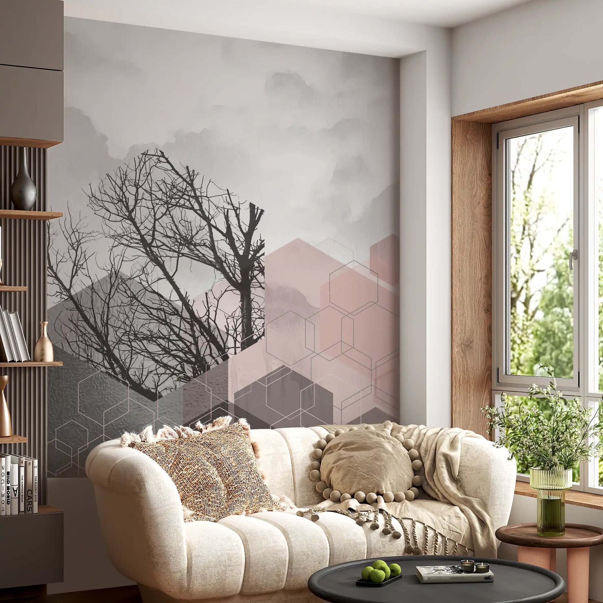 Geometric Forest Wall Mural showing bare tree lines and pale blush shapes