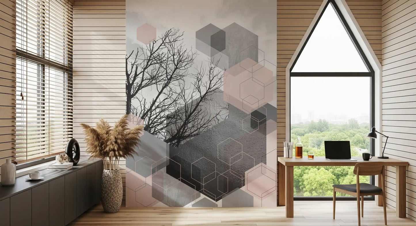Forest Wall Mural with charcoal branches and translucent blush geometric overlays