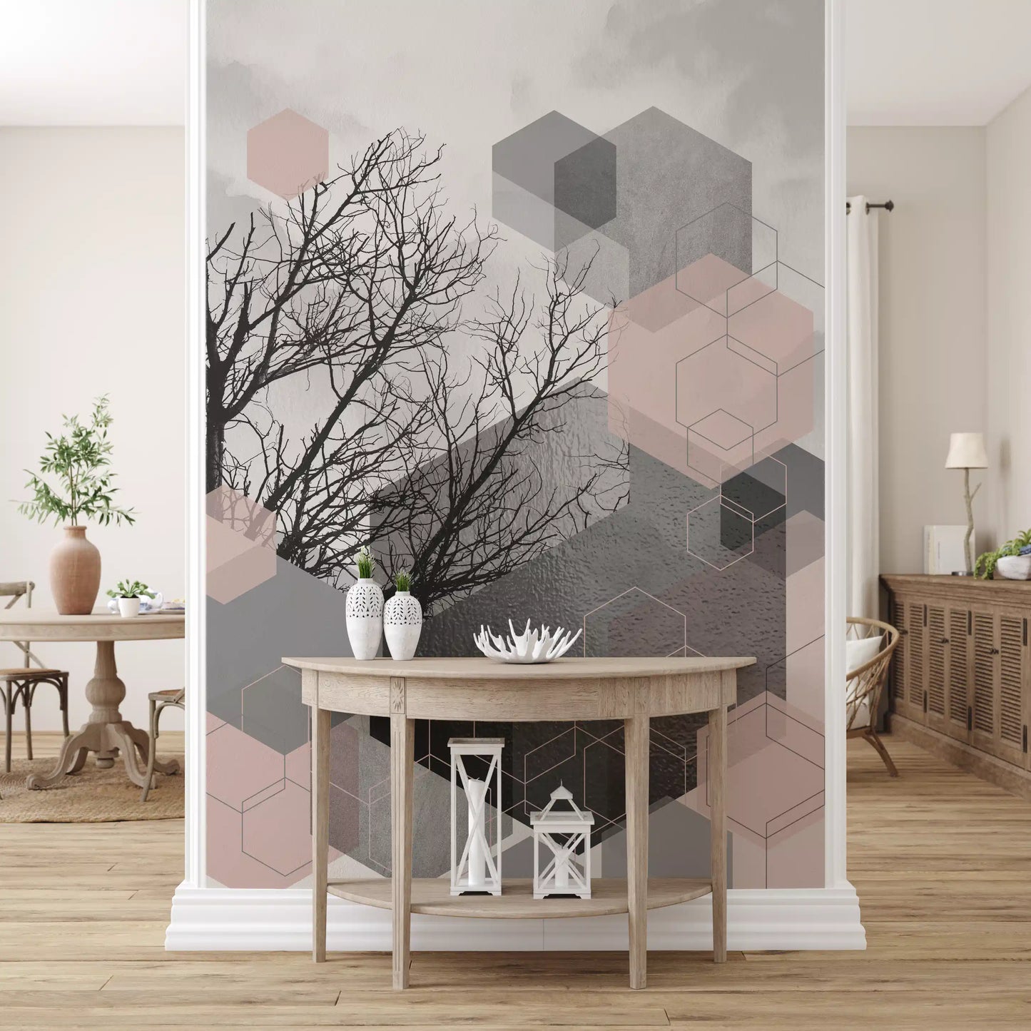 Geometric Forest Wall Mural with soft gray texture and pale blush polygon accents
