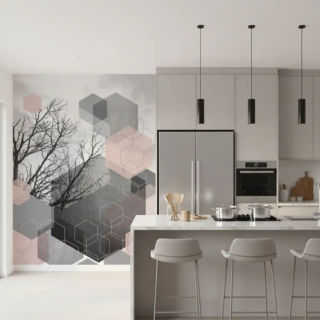 Geometric Forest mural showing blush hexagons, gray blocks, and fine tree silhouettes