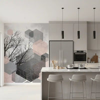 Geometric Forest mural showing blush hexagons, gray blocks, and fine tree silhouettes
