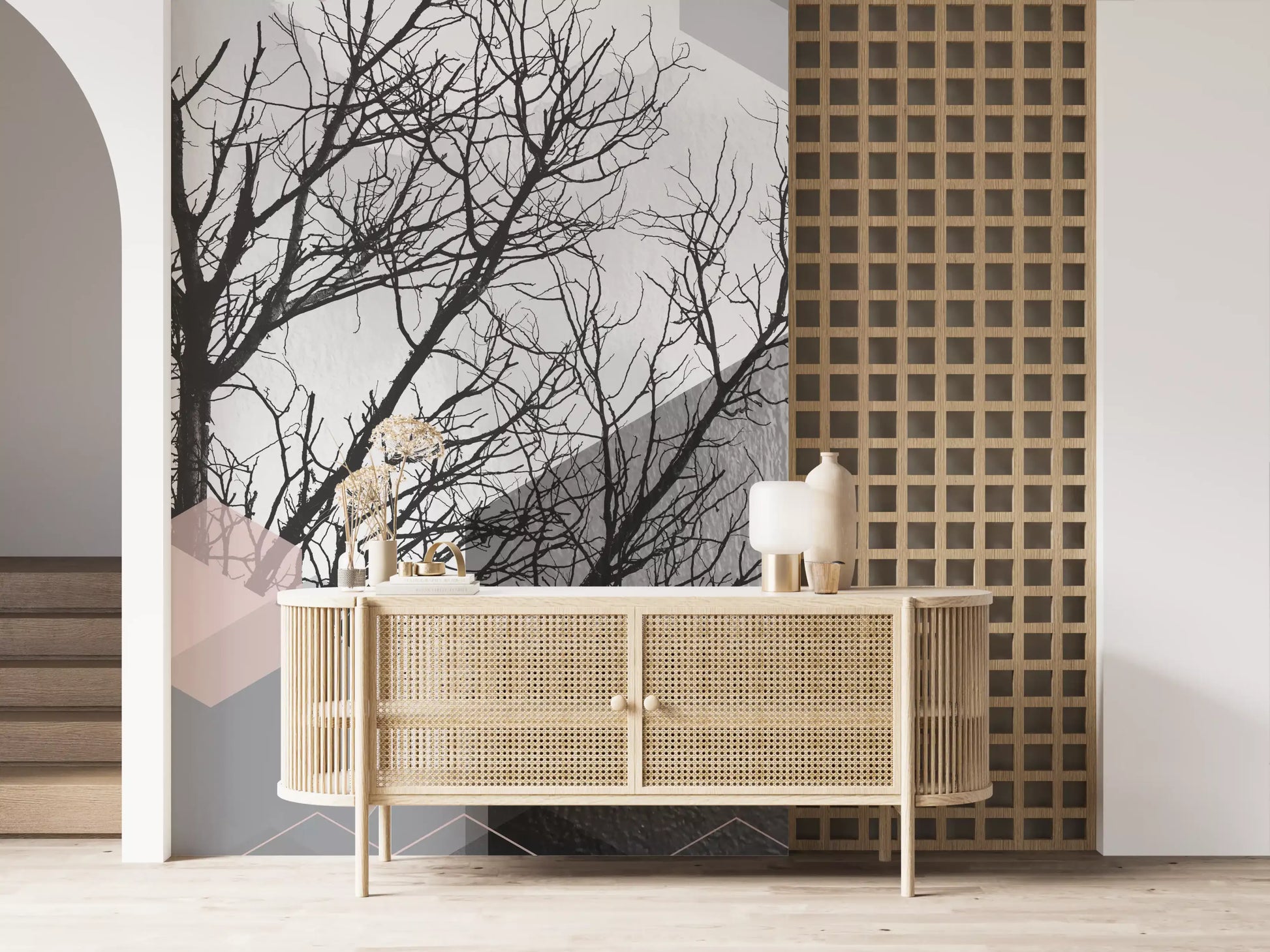 Study room Blush Horizon mural with Geometric Forest blocks and neutral tones